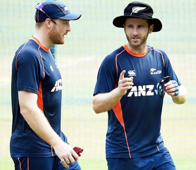 New Zealand's opener Martin Guptill and captain Kane Williamson chat during a practice session ahead of their first ODI against India at the Wankhede Stadium in Mumbai on Saturday