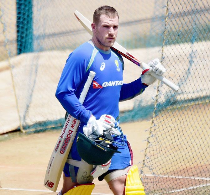 Australian cricketer Aaron Finch gets set for a practice session at MAC Stadium in Chennai, on Sunday