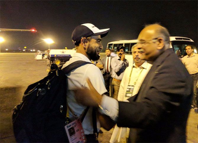 World XI's Imran Tahir is greeted by Najam Sethi on arrival in Lahore