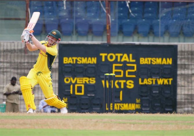 Australia XI's David Warner bats enroute his 64 during the warm-up match against Board President's XI in Chennai on Tuesday