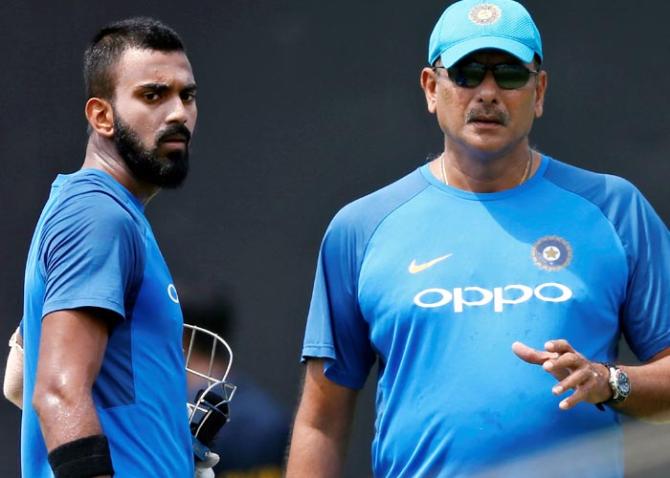 K L Rahul, left, with Coach Ravi Shastri