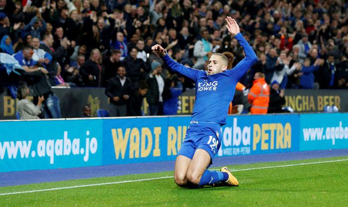 Leicester City's Islam Slimani celebrates scoring their second goal against Liverpool during their League Cup match at King Power Stadium at Leicester on Tuesday