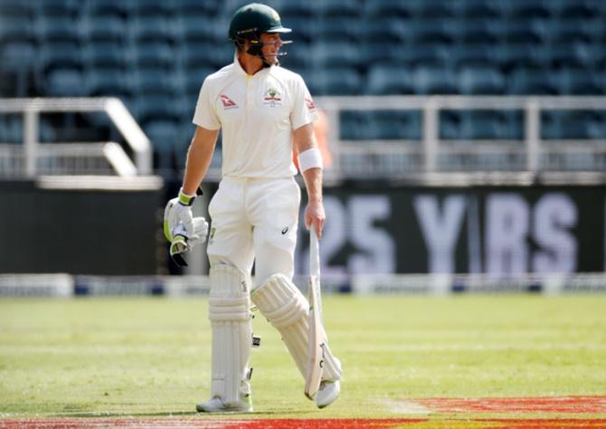 Australia's Tim Paine leaves the crease after he was bowled out by South Africa’s Vernon Philander on Tuesday