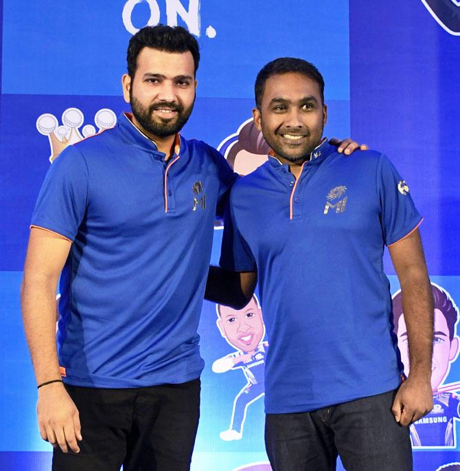 Mumbai Indians captain Rohit Sharma and team coach Mahela Jaywardhane during a pre-season press conference in Mumbai on Thursday