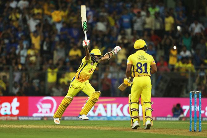 CSK's Imran Tahir celebrates after teammate Kedar Jadhav hits the winning runs