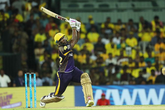 KKR's Andre Russell hits one of his 11 sixes during his 88-run innings
