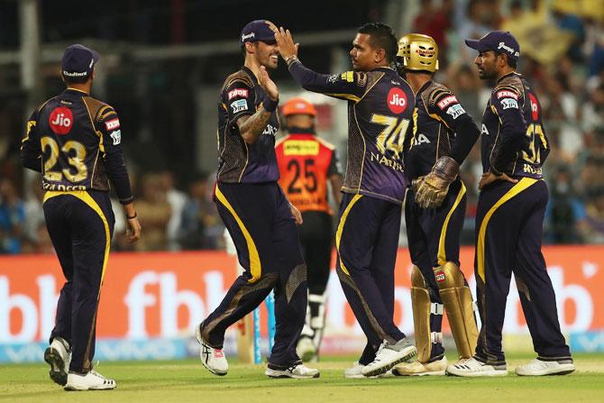 Sunil Narine celebrates the wicket of Shikhar Dhawan