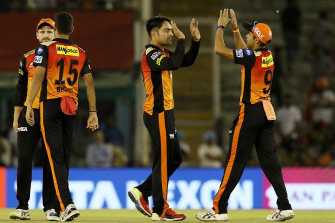 Sunrisers Hyderabad's Rashid Khan celebrates the wicket of KL Rahul