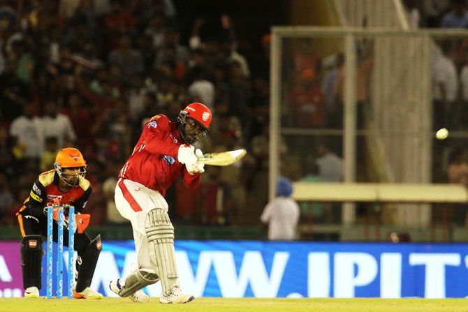 Chriis Gayle bats during his big knock against Sunrisers Hyderabad