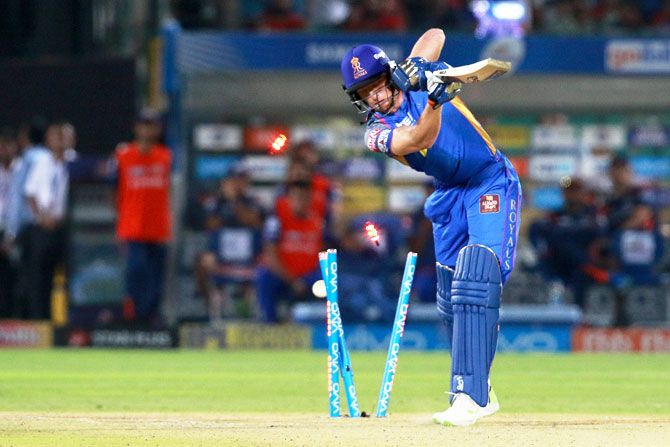 Rajasthan Royals' Jos Buttler is bowled out by Jasprit Bumrah