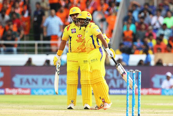 Suresh Raina congratulates Ambati Rayudu on completing his half-century against Sunrisers Hyderabad on Sunday