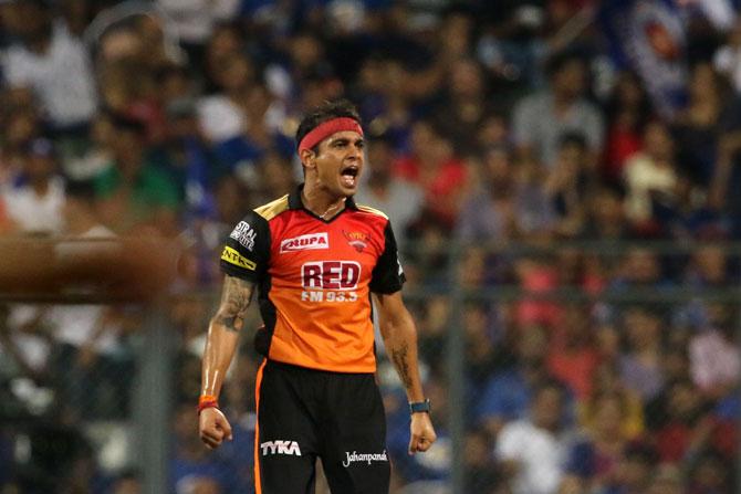 Sunrisers Hyderabad's Siddharth Kaul celebrates the wicket of Mumbai Indians' Mayank Markande during match twenty three of the Vivo Indian Premier League 2018 at the Wankhede Stadium in Mumbai on Tuesday