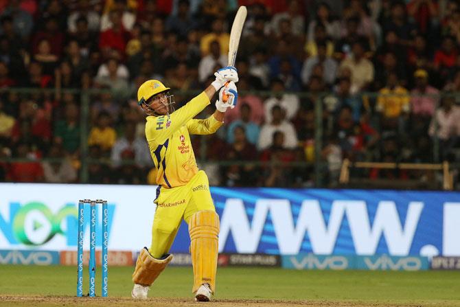 CSK captain MS Dhoni tears into the bowling during his match-winning innings against RCB on Wednesday