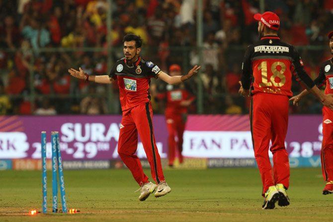 RCB's Yuzvendra Chahal celebrates the wicket of CSK's Sam Billings