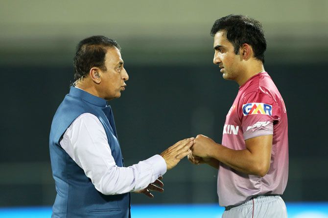 Batting legend and TV commentator Sunil Gavaskar and Delhi Daredevils' Gautam Gambhir have a chat before the match against KKR on Friday