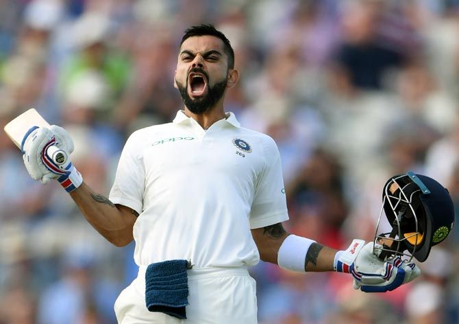 Virat Kohli celebrates after completing his century in the first Test at Edgbaston last week