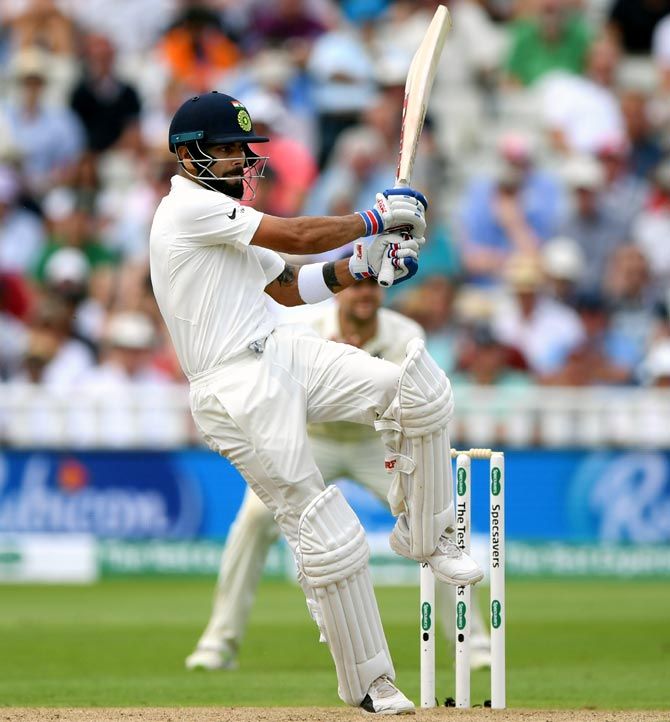 Virat Kohli, elegant as ever, during his century in the first Test at Edgbaston. Photograph: Stu Forster/Getty Images