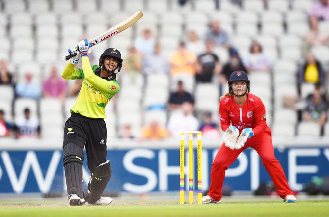 Smriti Mandhana of Western Storm batting during the Kia Super League match between Lancashire Thunder AND Western Storm at Old Trafford in Manchester on Friday