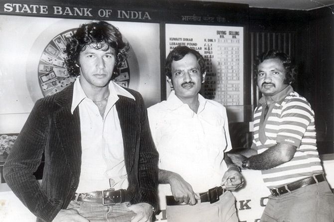 Imran Khan, left, with Ajit Wadekar, centre and Mushtaq Mohammad
