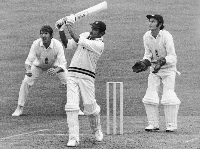 Wicket-keeper Alan Knott and Brian Luckhurst watch Ajit Wadekar thump the English bowling in the Oval Test in August 1971. India won the Test, the first time it had won a Test in England. Photograph: Leonard Burt/Central Press/Getty Images
