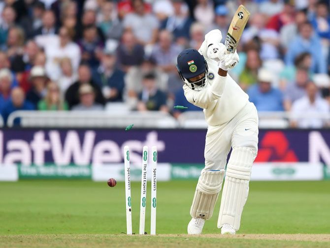 India's KL Rahul is bowled by England's Ben Stokes