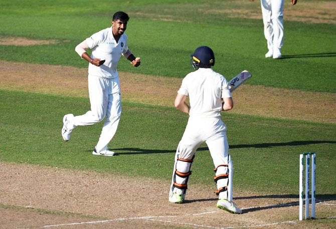 Jasprit Bumrah celebrates after dismissing England's Jos Buttler on Day 4 of the third Test at Trent Bridge in Nottingham, August 22, 2018. He took 5/85 in the game setting up an Indian win. Photograph: Gareth Copley/Getty Images