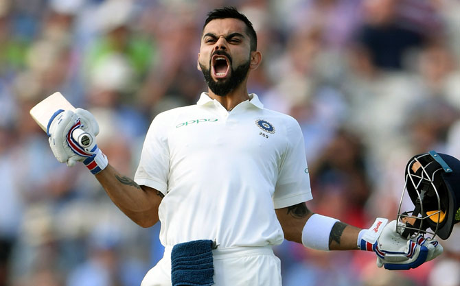 Virat Kohli celebrates his century against England during the first Test in Birmingham in August. Photograph: Stu Forster/Getty Images