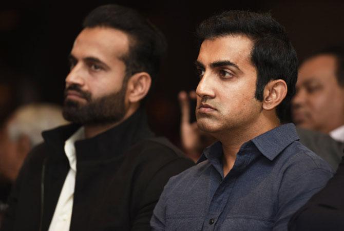 Gautam Gambhir with former India teammate Irfan Pathan at VVS Laxman's book launch in New Delhi on Tuesday