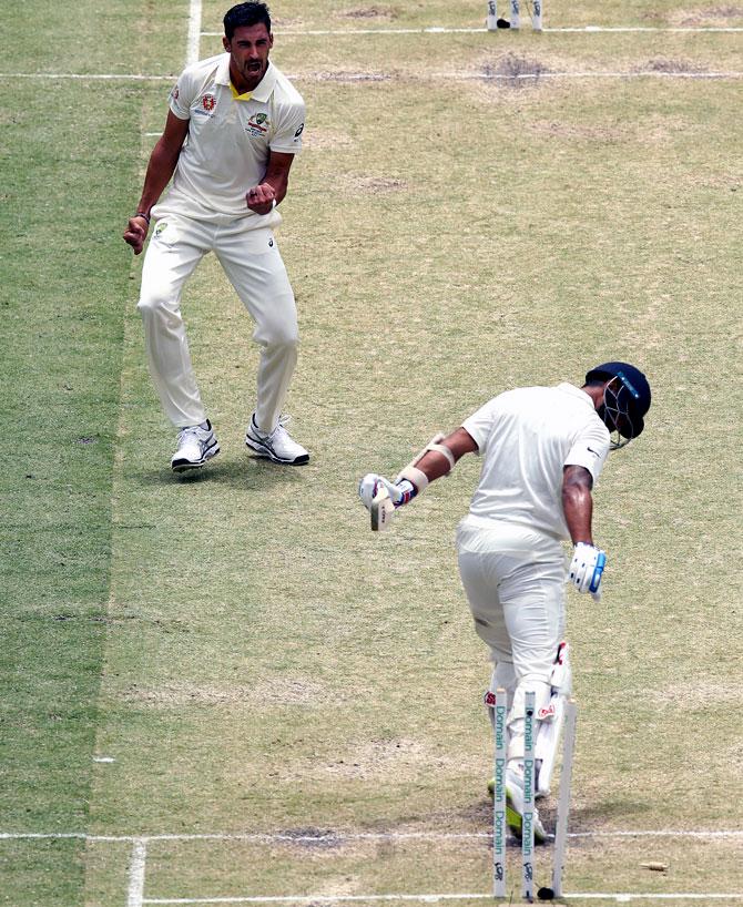 Mitchell Starc celebrates after dismissing India opener Murali Vijay