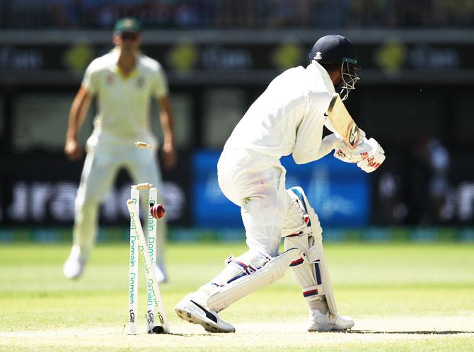 KL Rahul is bowled by Mitchell Starc in the 2nd innings of the Perth Test