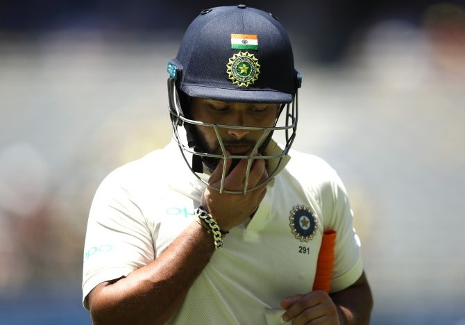 Rishabh Pant looks dejected after being dismissed by Nathan Lyon on day five of the second Test at Perth, December 18, 2018