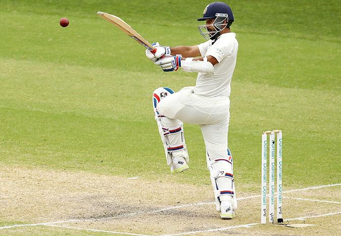 Ajinkya Rahane bats during the first Test in Adelaide. Photograph: Ryan Pierse/Getty Images