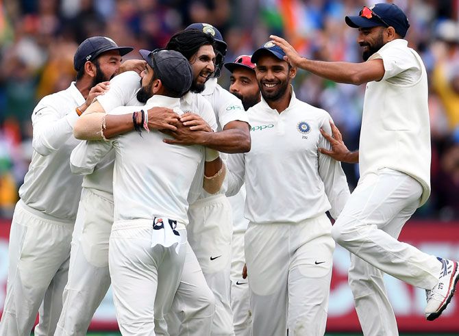 The Indians celebrate winning the third Test in Melbourne. Photograph: Quinn Rooney/Getty Images