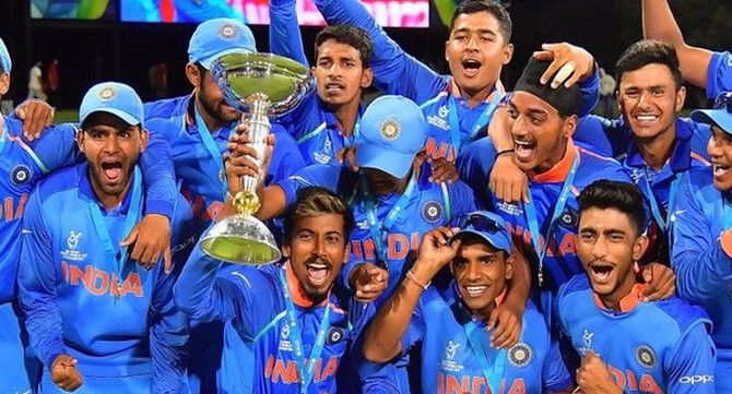 The Indian team after they won the Under-19 World Cup in New Zealand, February 3, 2018. Photograph: Kind courtesy Cricket World Cup/ICC/Twitter