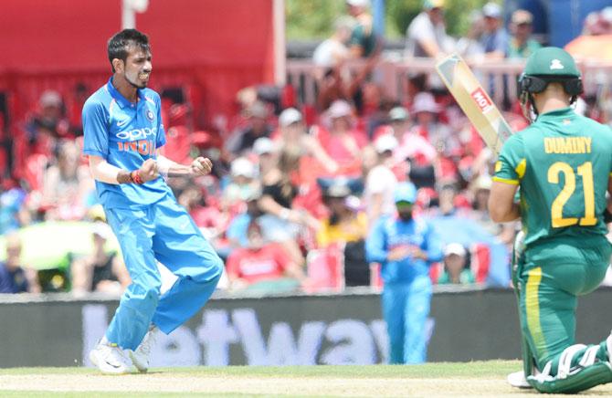 Yuzvendra Chahal celebrates the wicket of JP Duminy