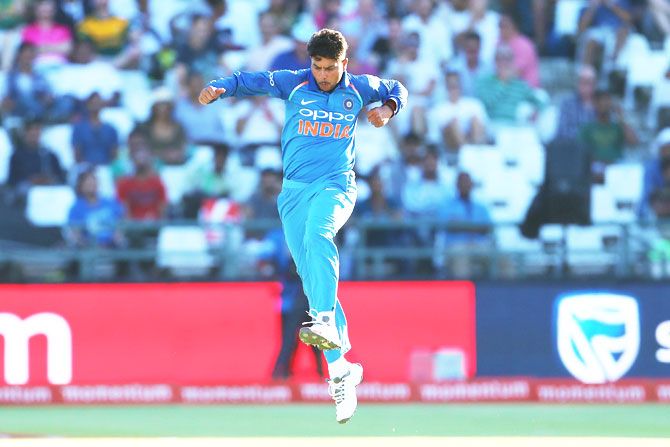 India's Kuldeep Yadav celebrates the the wicket of South Africa captain Aiden Markram