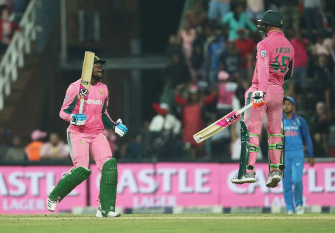 South Africa's Andile Phehlukwayo and Heinrich Klassen celebrate their win in the 4th ODI against India at the Wanderers Cricket Ground in Johannesburg on Saturday
