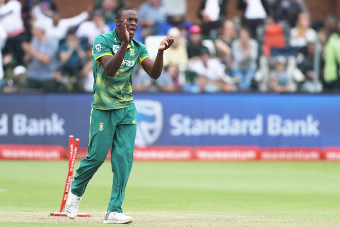  Kagiso Rabada celebrates as Ajinkya Rahane is run out in the 5th ODI on Tuesday