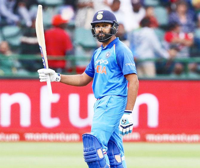 Rohit Sharma celebrates his century in the 5th ODI at St George's Park, February 13, 2018. Photograph: Richard Huggard/Gallo Images/Getty Images