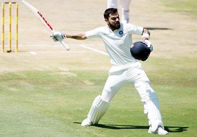 Virat Kohli celebrates after scoring a century in the second Test against South Africa