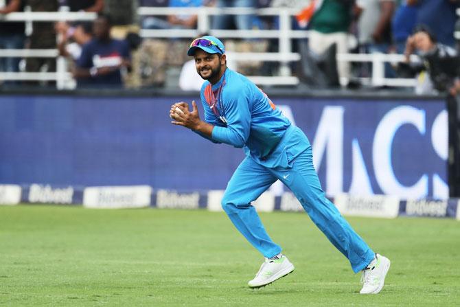 Suresh Raina takes a smart catch to dismiss Heinrich Klassen in the first T20 game against South Africa, February 19, 2018. Photograph: BCCI