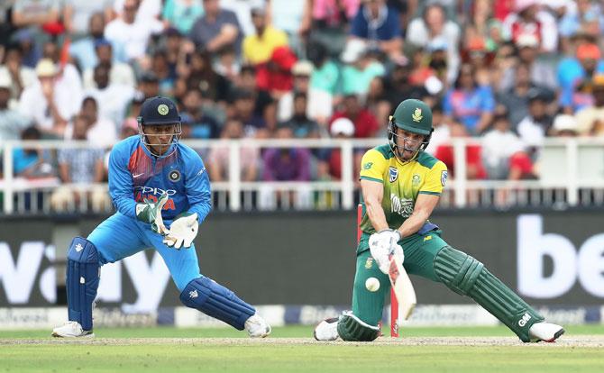 South Africa's Ferhaan Berhardien sweeps during his innings of 39 off 27 balls, the only batsman to put up a semblance of a fight along with opener Reeza Hendricks, who scored a half-century on Sunday