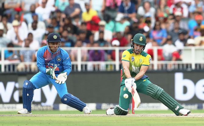 South Africa's Ferhaan Berhardien sweeps during his innings of 39 off 27 balls, the only batsman to put up a semblance of a fight along with opener Reeza Hendricks, who scored a half-century on Sunday