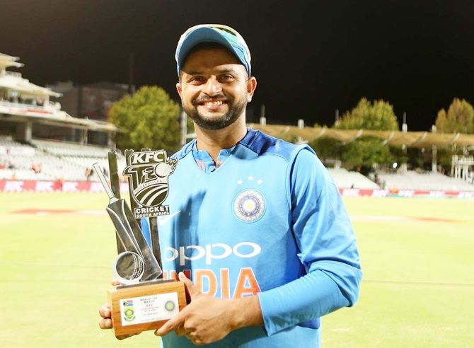 Raina with his Man of the Match trophy after the third T20I against South Africa, February 25, 2018. Photograph: BCCI