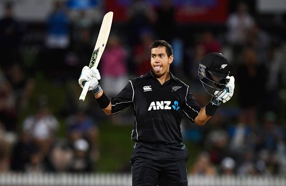 New Zealand batsman Ross Taylor celebrates his century during the 1st ODI against England at Seddon Park in Hamilton, New Zealand, on Sunday