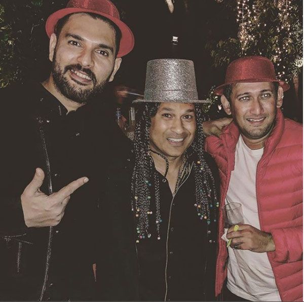 Yuvaj Singh, Sachin Tendulkar and Ajit Agarkar at a New Year's Eve party on Sunday