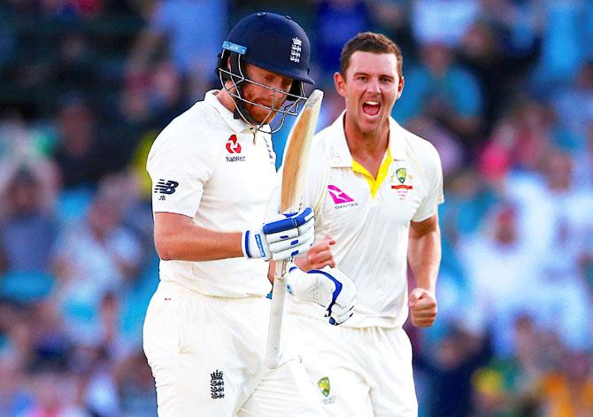 Australia's Josh Hazlewood celebrates after dismissing England's Jonny Bairstow