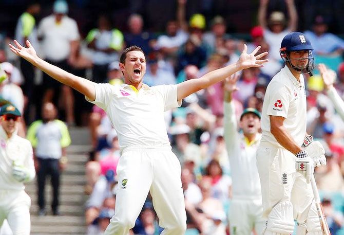 Australia's Josh Hazlewood appeals successfully for the wicket of England's Alastair Cook. The dismissal came via DRS