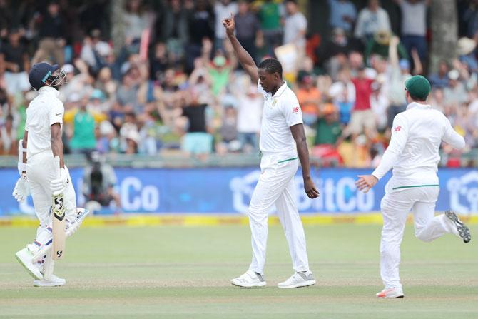 South Africa's Kagiso Rabada celebrates the wicket of India's first innings' hero Hardik Pandya 