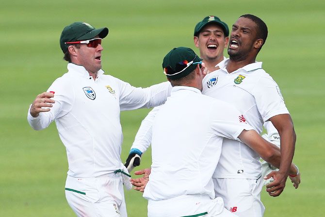 South Africa's Vernon Philander celebrates on dismissing Jasprit Bumrah and win the first Test in Newlands, Cape Town on Monday